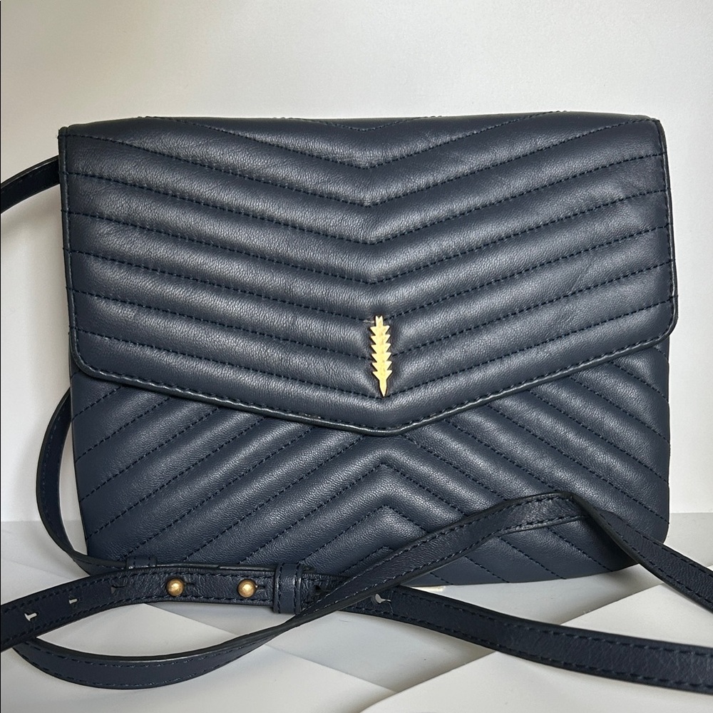 Thacker Classic Navy Leather Chevron Crossbody Bag Adjustable Strap
